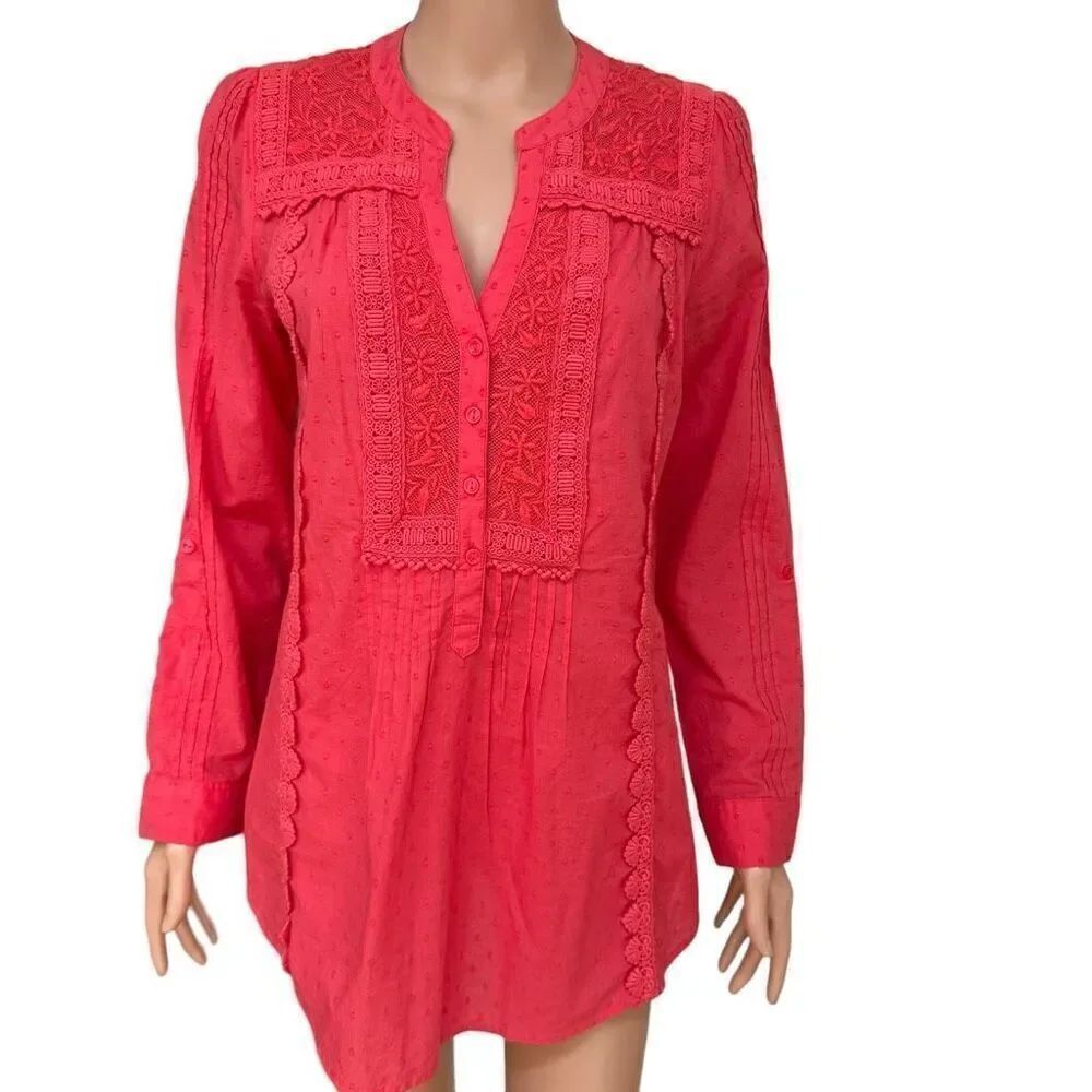 Anthropologie Leifnotes Long Sleeve Tunic Top Embroidery Roll Tab Sleeves size 4